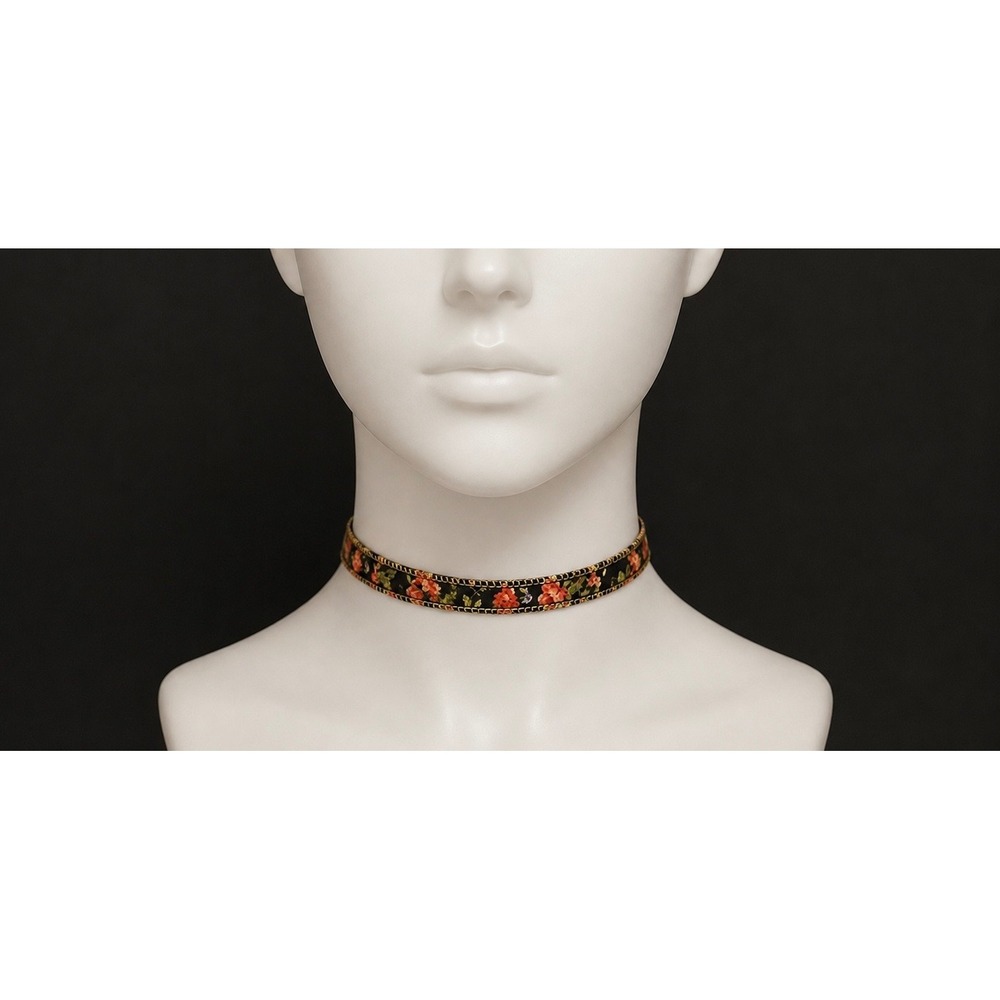 Black Floral Rose Ribbon Choker Necklace Gold Tone Extender Boho Cottagecore